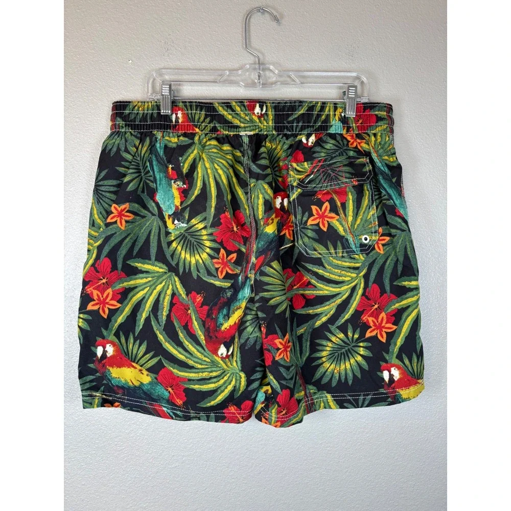 Caribbean Joe Mens‎ Swim Trunks Large Tropical Parrot Floral Board Shorts Black